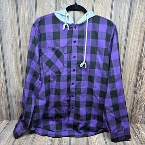 Mens Purple Black Buffalo Plaid Flannel Shirt With Gray Hoodie